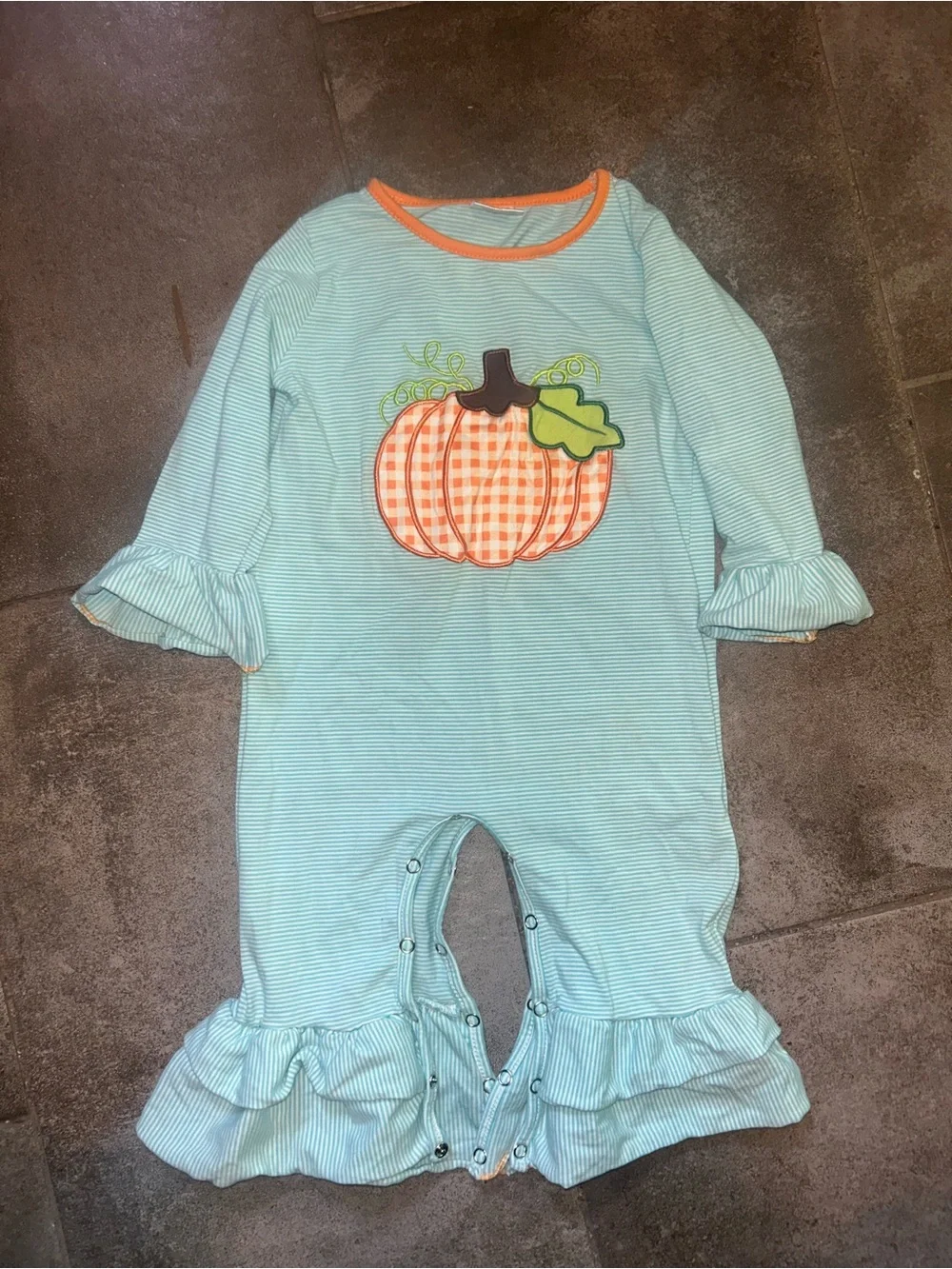Striped Aqua Baby Romper with Pumpkin Applique